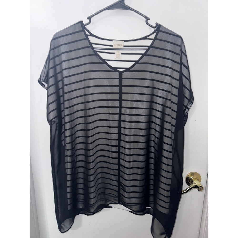 Chico's Sheer Striped V-Neck Blouse Black White Strappy Detail Size 2 Large